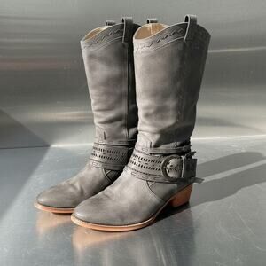 Black Slouchy Moto Boots Buckle Western Cowboy Indie Sleaze Boho Rock